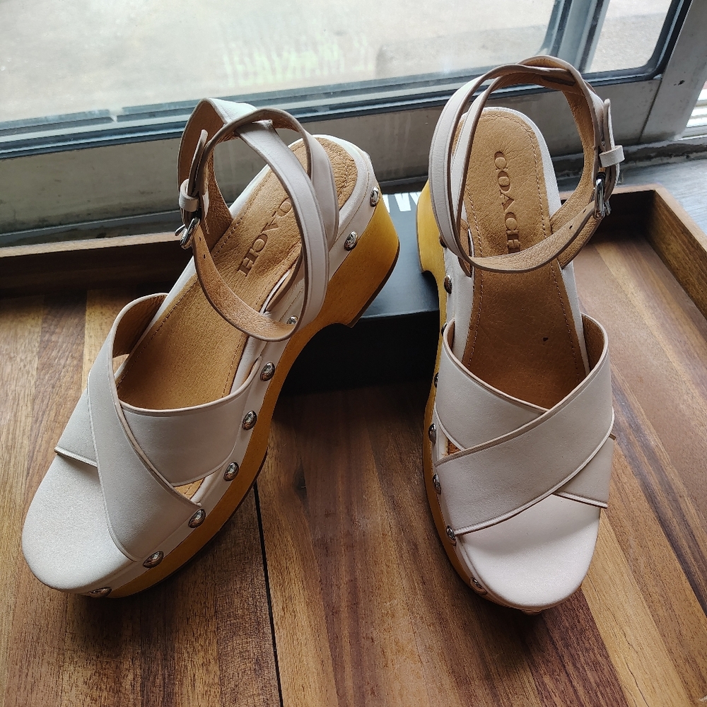 Coach Cream Leather Crisscross Wedge Sandals with Tan Ankle Straps - Picture 2 of 4